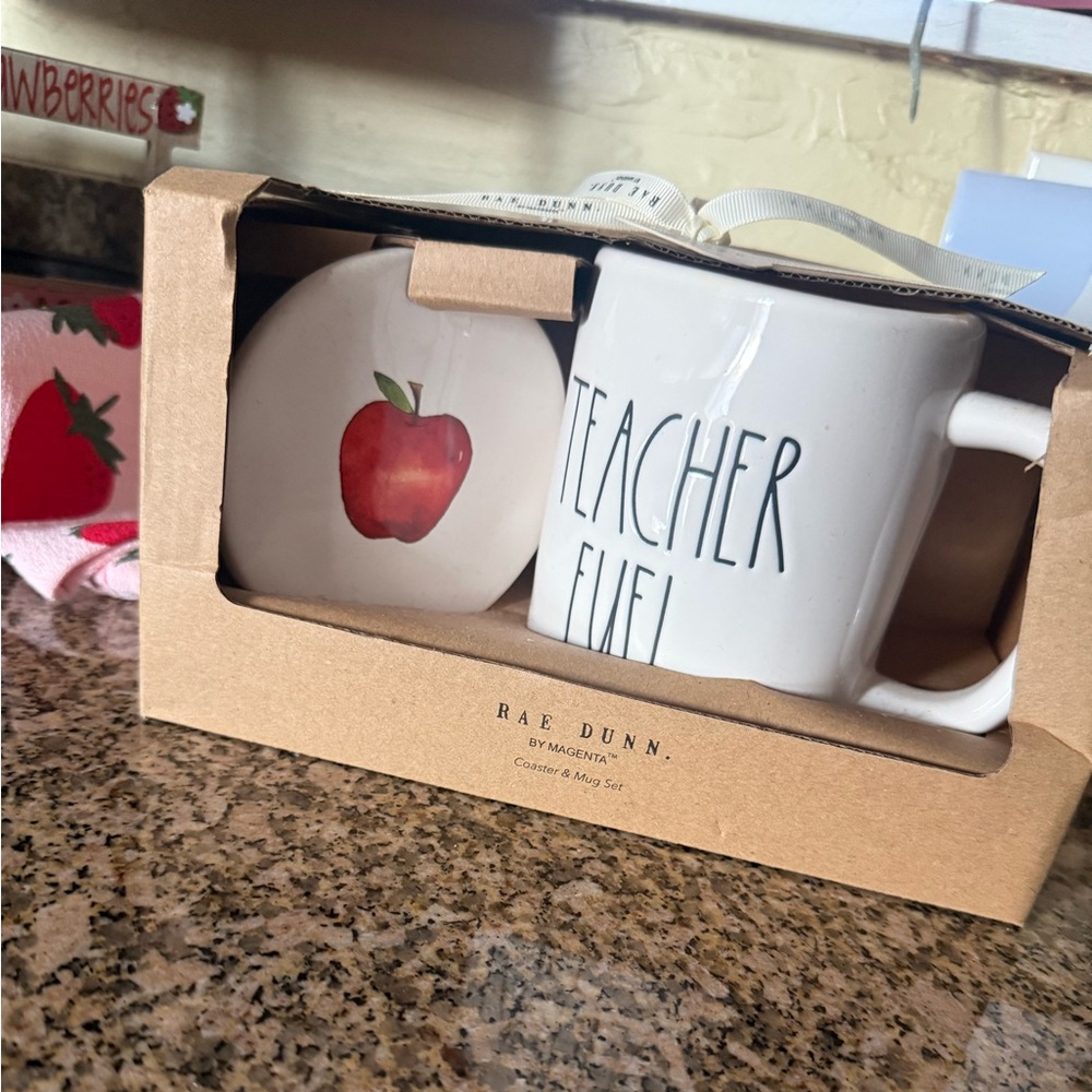 Rae Dunn “Teacher Fuel” Mug + Apple Coaster Set